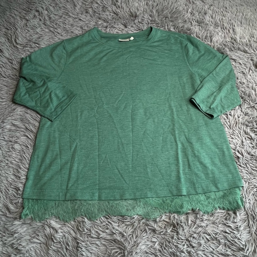 LOGO Lori Goldstein Tunic Womens Large Green Top Lace Multicolor Hem Lagenlook